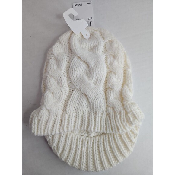 NWT MICHAEL KORS Cable Knit Cream Newsboy Beanie Cap Warm Hat 100% Acrylic Logo - Picture 4 of 6